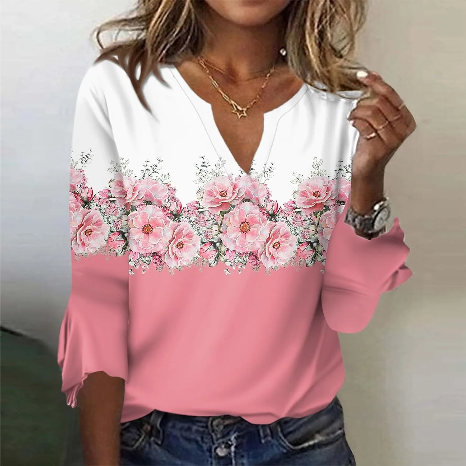 Women's Summer Tops Floral Print V Neck Basic Tees Bell 3/4 Sleeve Loose Casual Tunic Tops Summer Baggy Work Tops