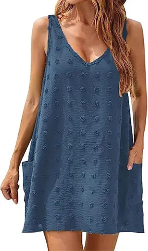 Women's Swiss Polka Dot Beach Cover Up Dresses Summer Vacation Swimsuit Tank Dress V Neck Sundress with Pockets