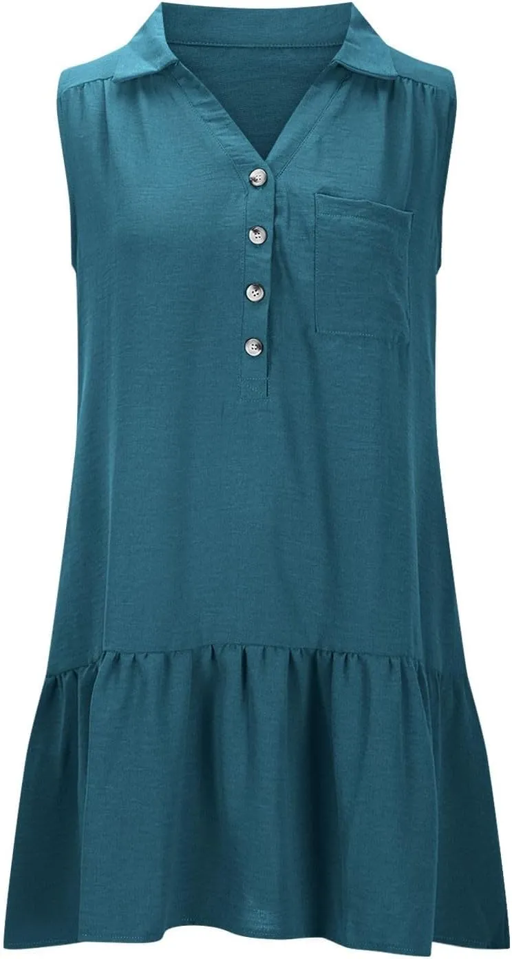 Women's V-Neck Button Sleeveless Mini Dress Ruffle Tiered Casual Swing Smocked Dress Beach Sundress with Pocket