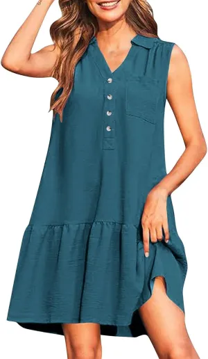 Women's V-Neck Button Sleeveless Mini Dress Ruffle Tiered Casual Swing Smocked Dress Beach Sundress with Pocket