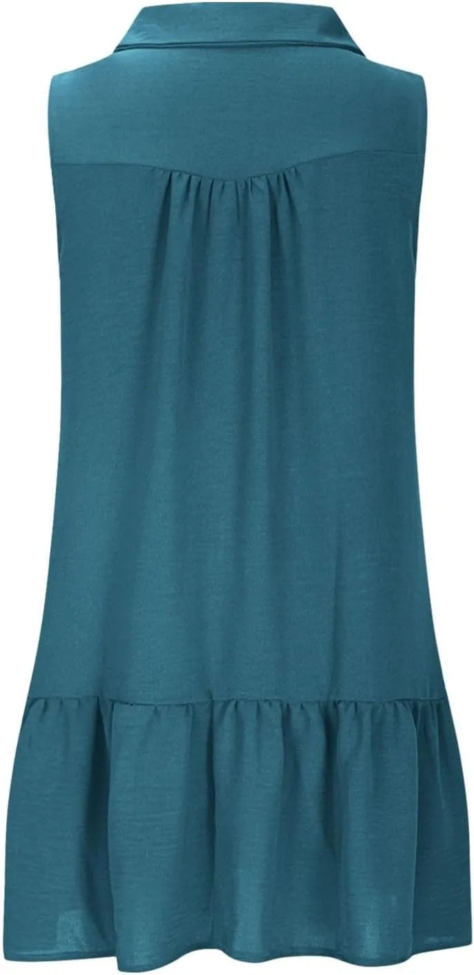 Women's V-Neck Button Sleeveless Mini Dress Ruffle Tiered Casual Swing Smocked Dress Beach Sundress with Pocket