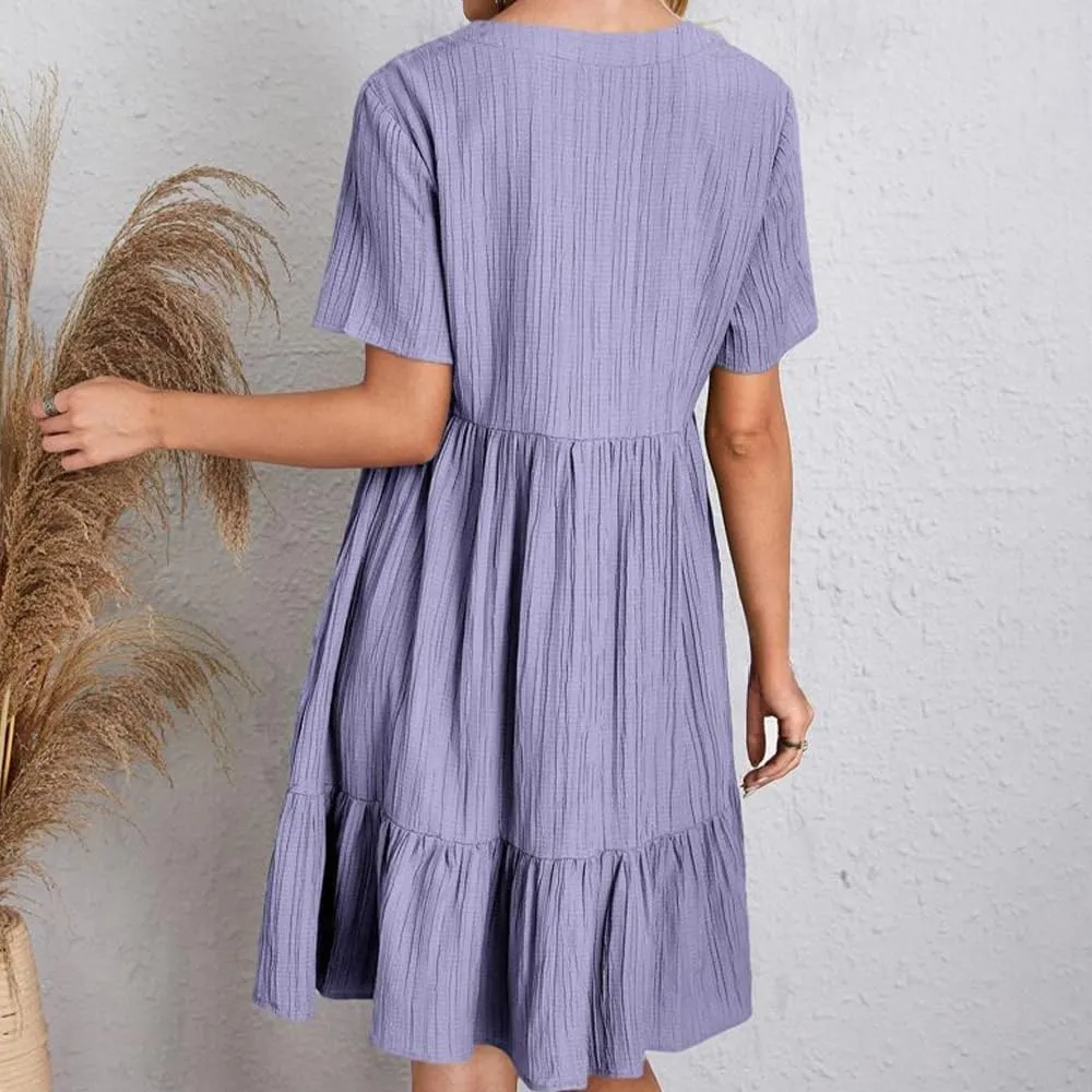 Womens V Neck Short Sleeve Tiered Smocked Dress Casual Flowy A Line Work Mini Dresses Cute Babydoll Swing Dress