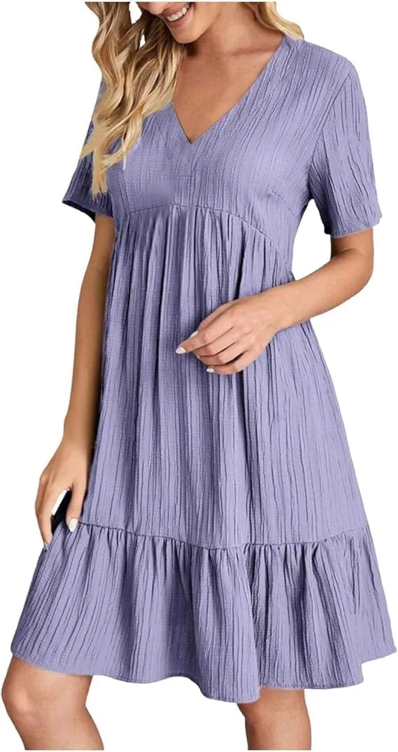 Womens V Neck Short Sleeve Tiered Smocked Dress Casual Flowy A Line Work Mini Dresses Cute Babydoll Swing Dress
