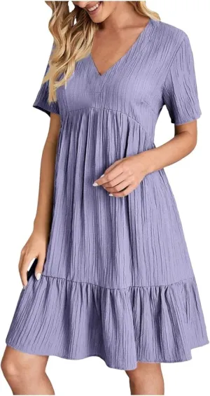 Womens V Neck Short Sleeve Tiered Smocked Dress Casual Flowy A Line Work Mini Dresses Cute Babydoll Swing Dress