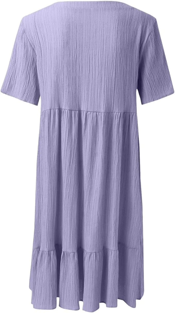 Womens V Neck Short Sleeve Tiered Smocked Dress Casual Flowy A Line Work Mini Dresses Cute Babydoll Swing Dress