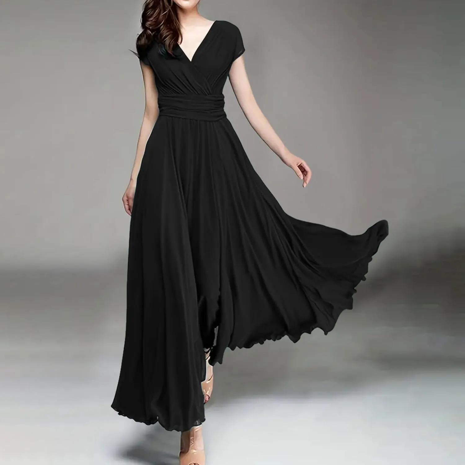 Women's V Neck Solid Color Short Sleeve Chiffon Waist Closing Evening Dress Womens Nightgowns Cotton