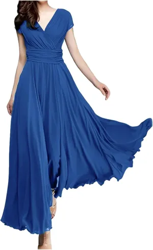 Women's V Neck Solid Color Short Sleeve Chiffon Waist Closing Evening Dress Womens Nightgowns Cotton