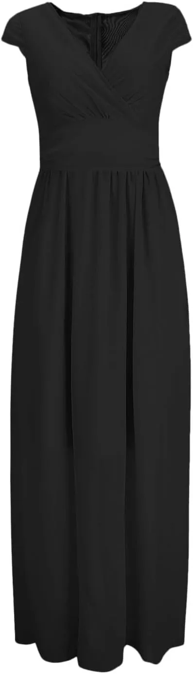 Women's V Neck Solid Color Short Sleeve Chiffon Waist Closing Evening Dress Womens Nightgowns Cotton