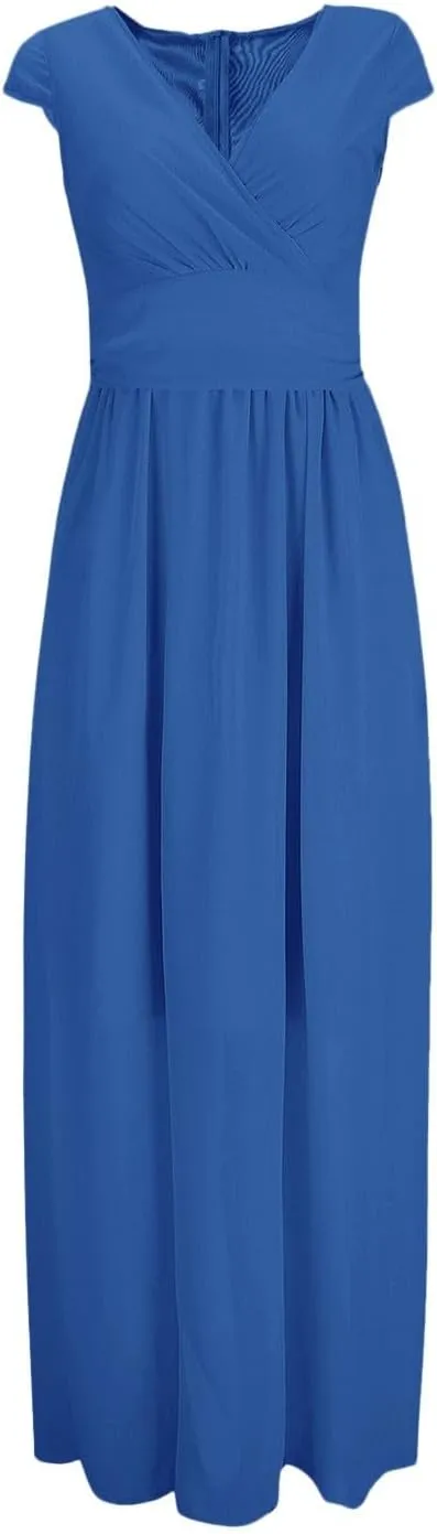 Women's V Neck Solid Color Short Sleeve Chiffon Waist Closing Evening Dress Womens Nightgowns Cotton