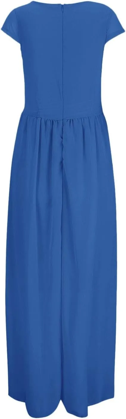 Women's V Neck Solid Color Short Sleeve Chiffon Waist Closing Evening Dress Womens Nightgowns Cotton