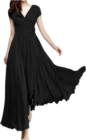 Women's V Neck Solid Color Short Sleeve Chiffon Waist Closing Evening Dress Womens Nightgowns Cotton