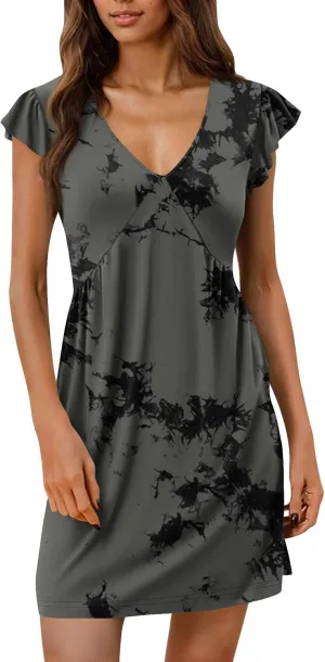 Womens V Neck Summer Dress Ruched Ruffle Sleeve Floral Mini Dress Boho Flowy Cute Elegant Tunic Graphic T Shirt Dress