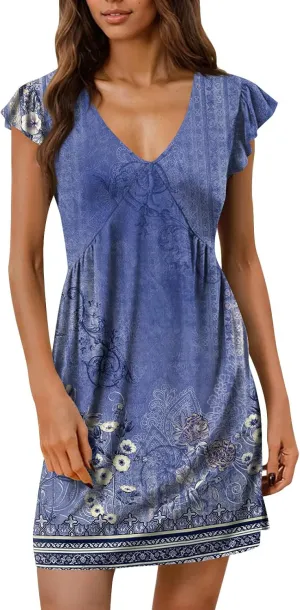 Womens V Neck Summer Dress Ruched Ruffle Sleeve Floral Mini Dress Boho Flowy Cute Elegant Tunic Graphic T Shirt Dress