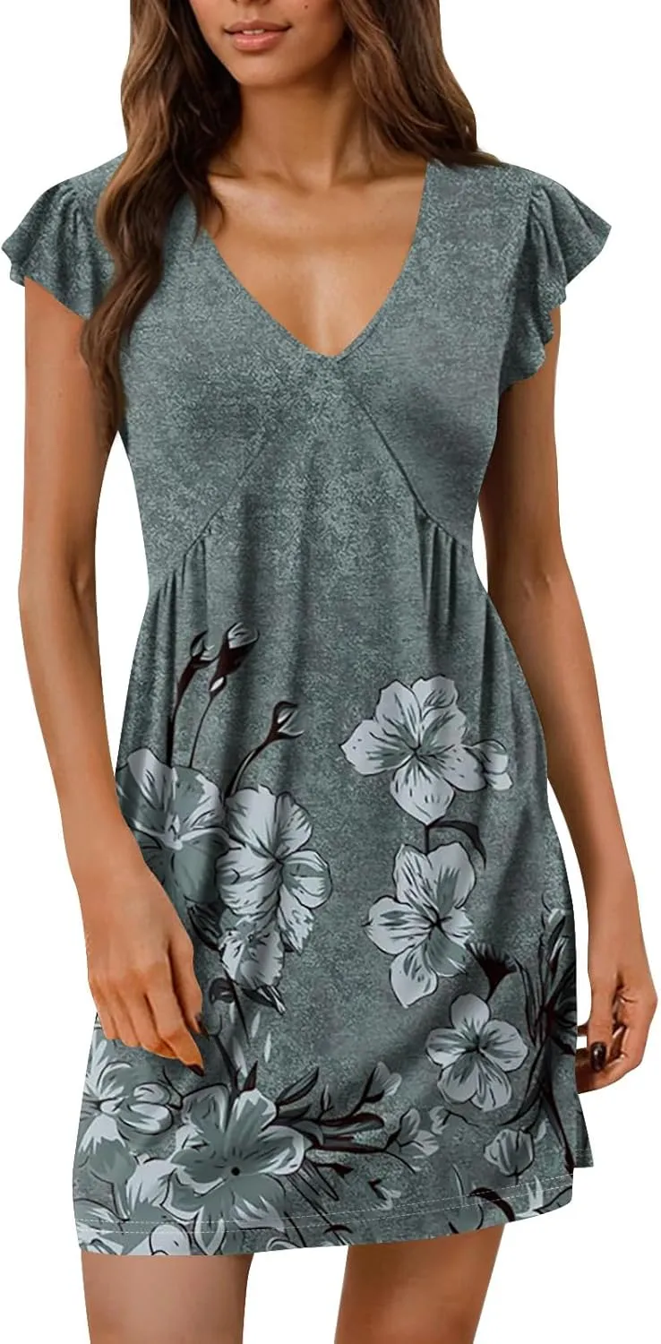 Womens V Neck Summer Dress Ruched Ruffle Sleeve Floral Mini Dress Boho Flowy Cute Elegant Tunic Graphic T Shirt Dress