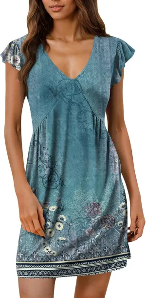 Womens V Neck Summer Dress Ruched Ruffle Sleeve Floral Mini Dress Boho Flowy Cute Elegant Tunic Graphic T Shirt Dress