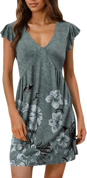 Womens V Neck Summer Dress Ruched Ruffle Sleeve Floral Mini Dress Boho Flowy Cute Elegant Tunic Graphic T Shirt Dress