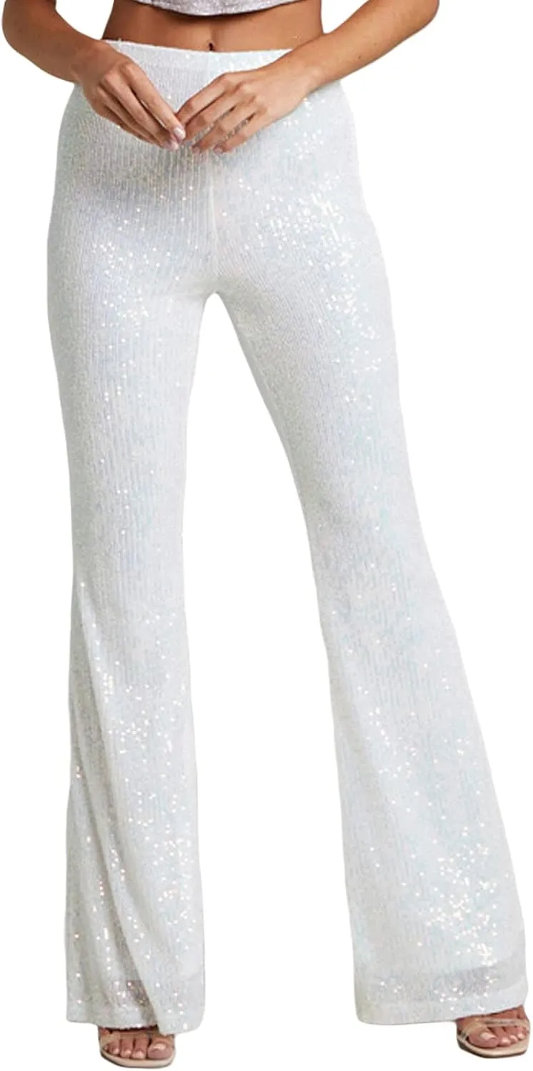 XBTCLXEBCO Sequin Wide Leg Pants for Women High Waist Loose Shiny Glitter Palazzo Pants Sparkle Trousers Disco Clubwear