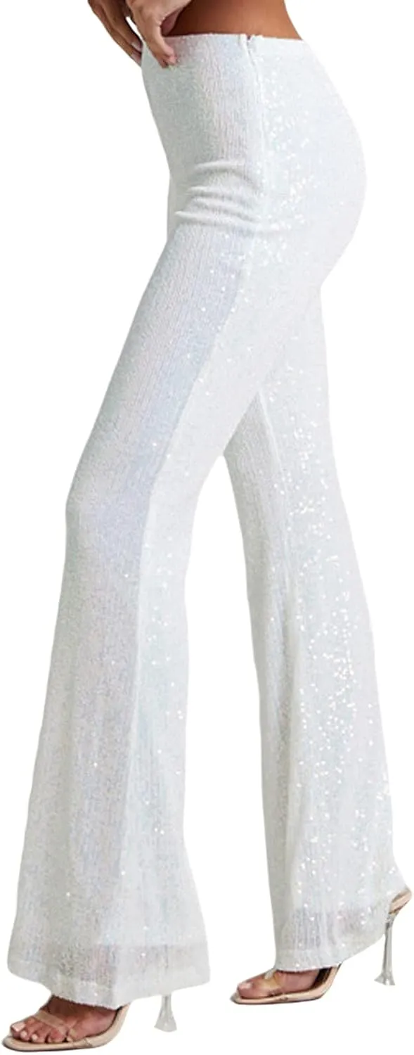 XBTCLXEBCO Sequin Wide Leg Pants for Women High Waist Loose Shiny Glitter Palazzo Pants Sparkle Trousers Disco Clubwear