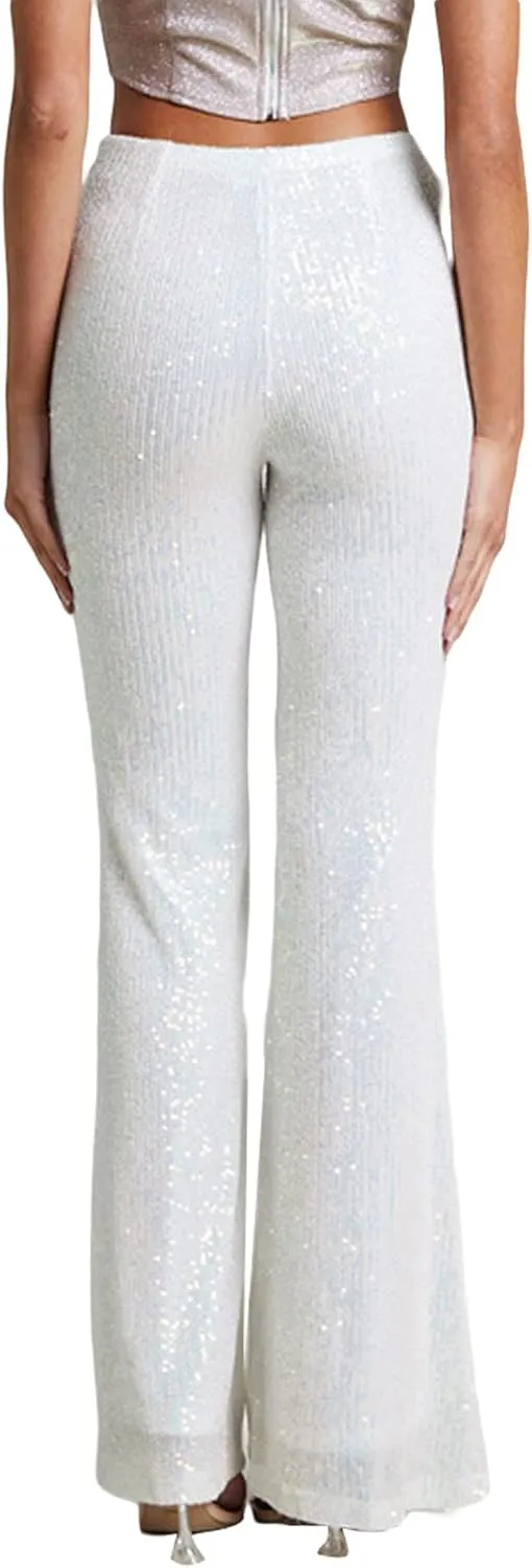 XBTCLXEBCO Sequin Wide Leg Pants for Women High Waist Loose Shiny Glitter Palazzo Pants Sparkle Trousers Disco Clubwear