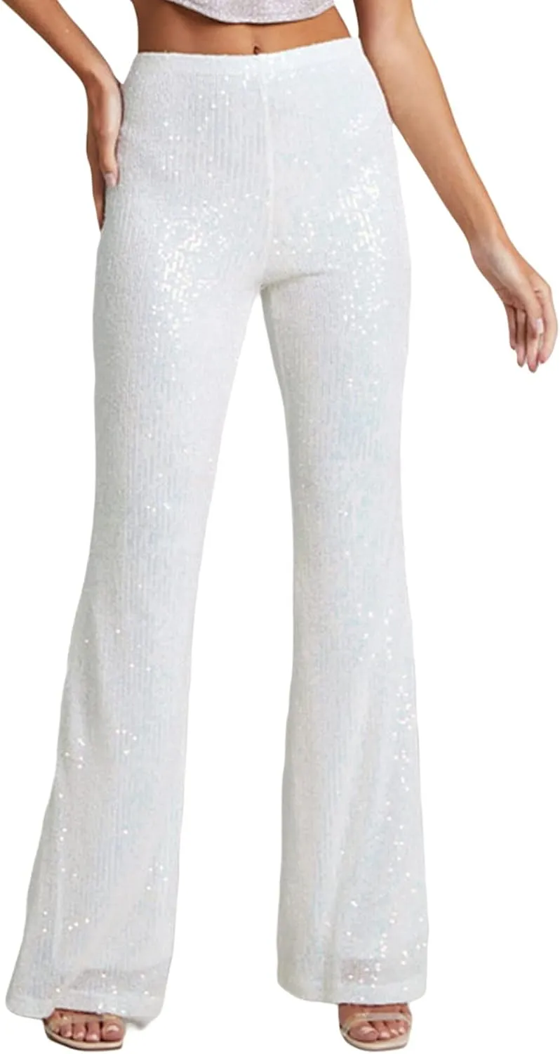 XBTCLXEBCO Sequin Wide Leg Pants for Women High Waist Loose Shiny Glitter Palazzo Pants Sparkle Trousers Disco Clubwear