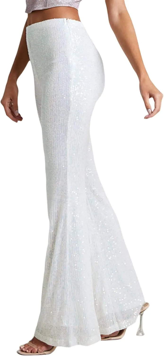 XBTCLXEBCO Sequin Wide Leg Pants for Women High Waist Loose Shiny Glitter Palazzo Pants Sparkle Trousers Disco Clubwear