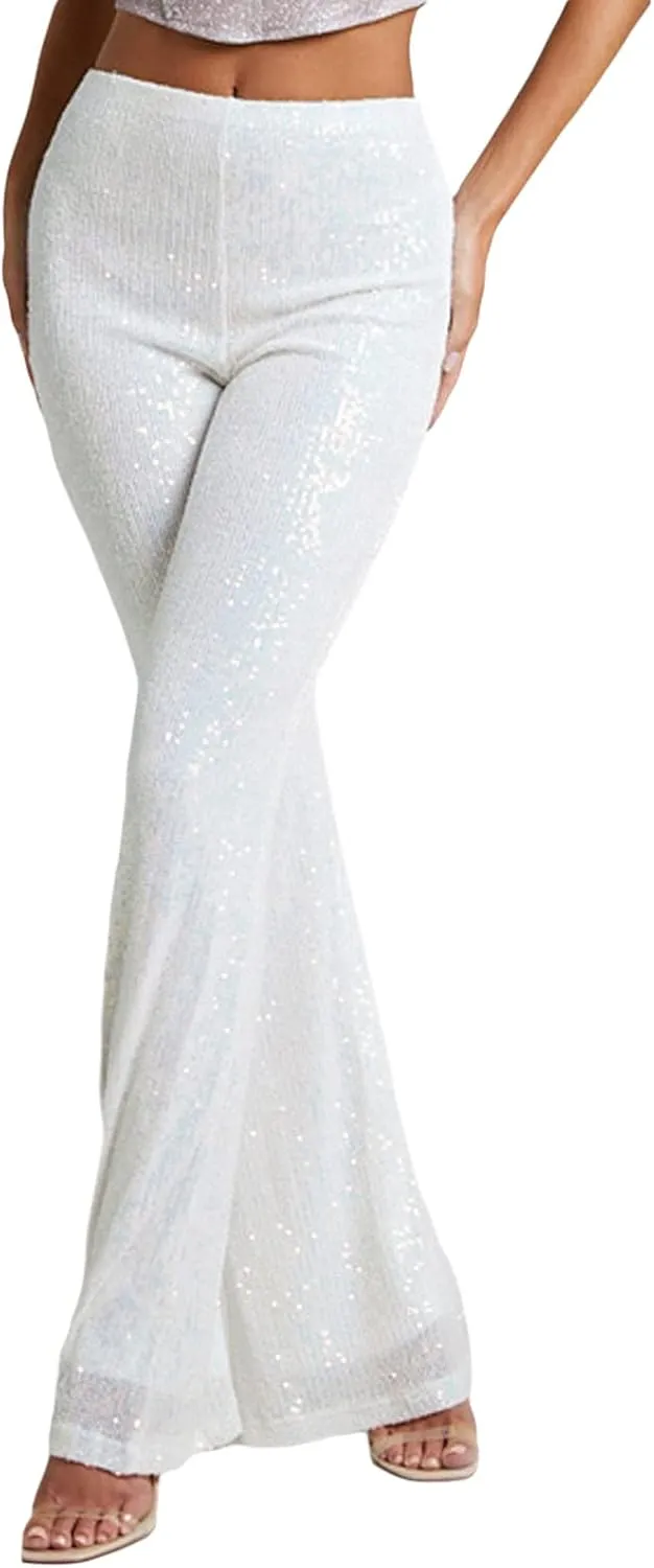 XBTCLXEBCO Sequin Wide Leg Pants for Women High Waist Loose Shiny Glitter Palazzo Pants Sparkle Trousers Disco Clubwear
