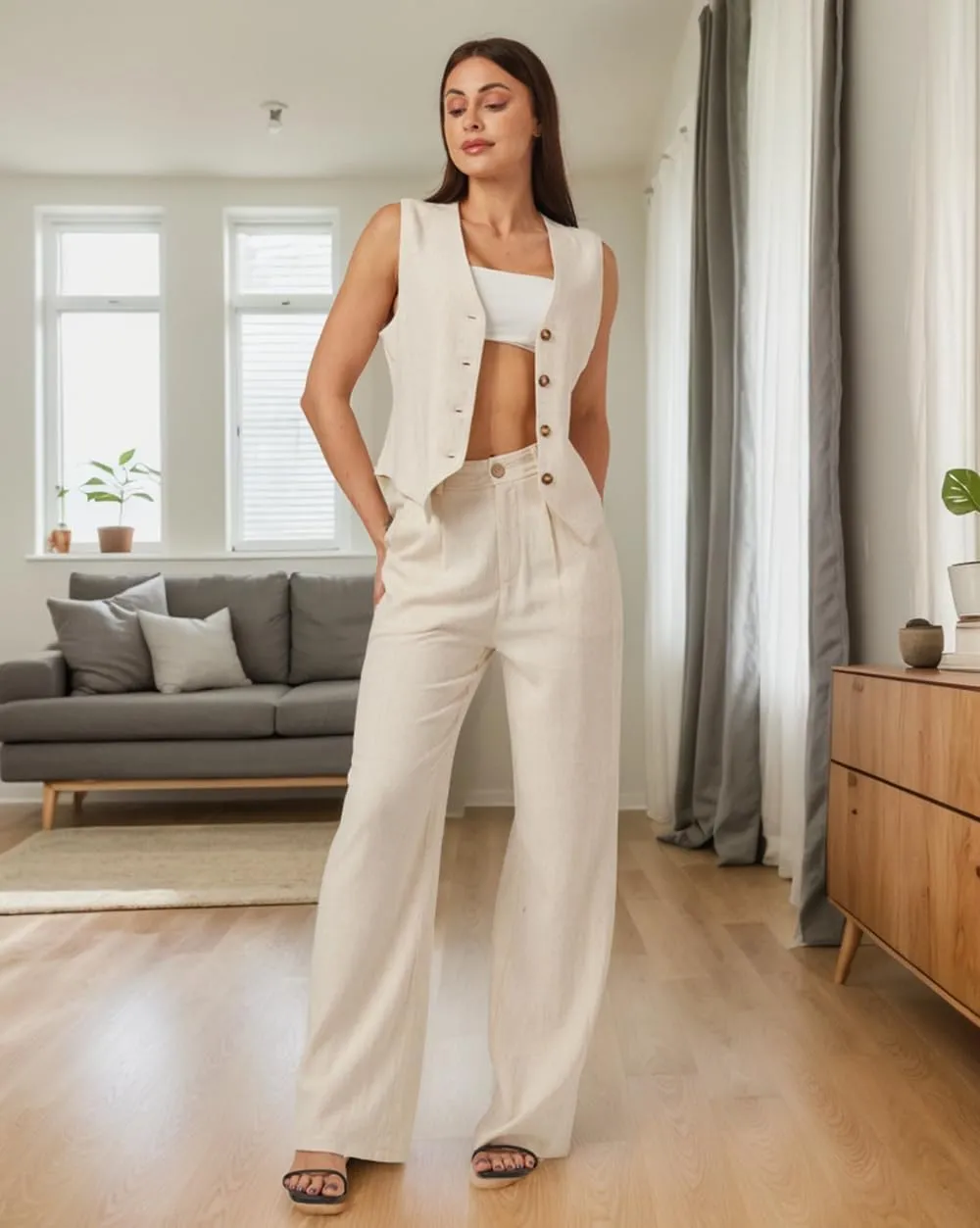 Yehopere Women's Linen Pants Summer Dressy Boho Wide Leg Flowy Straight Leg Trouser Beach Travel Vacation Outfits