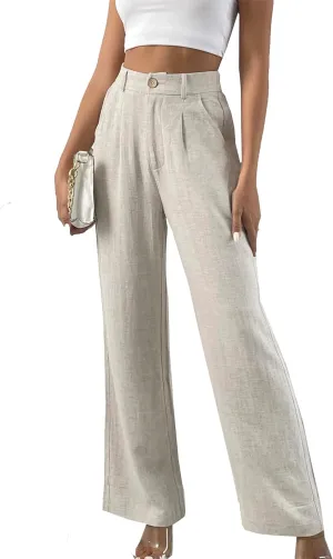 Yehopere Women's Linen Pants Summer Dressy Boho Wide Leg Flowy Straight Leg Trouser Beach Travel Vacation Outfits