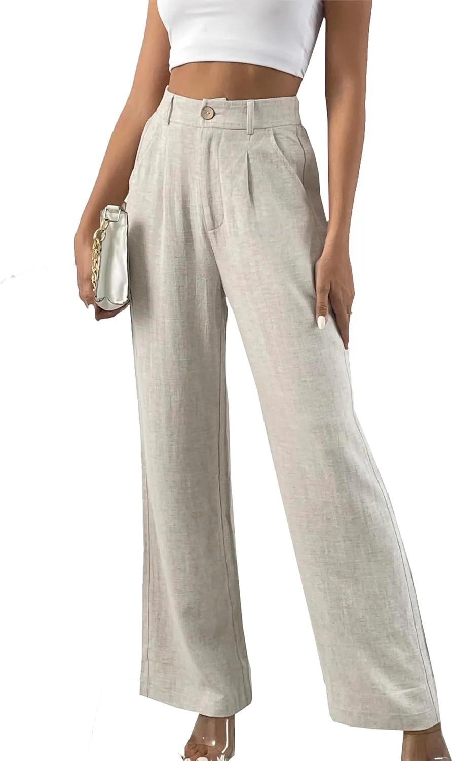 Yehopere Women's Linen Pants Summer Dressy Boho Wide Leg Flowy Straight Leg Trouser Beach Travel Vacation Outfits