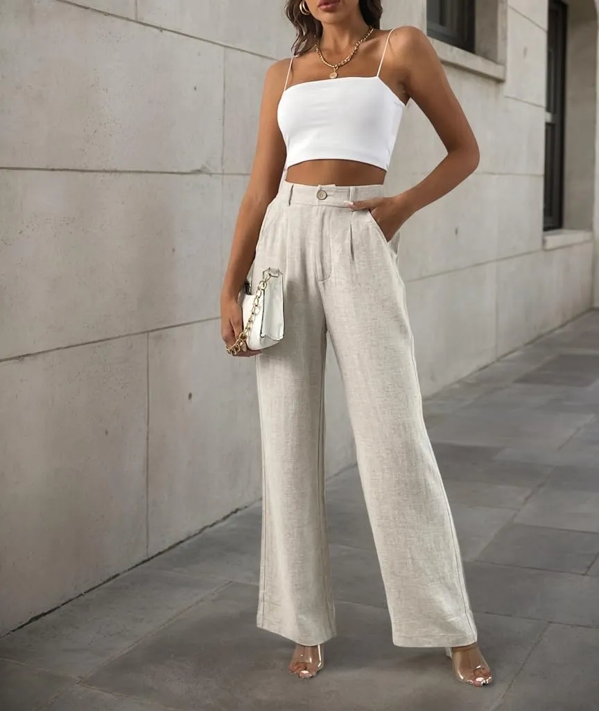 Yehopere Women's Linen Pants Summer Dressy Boho Wide Leg Flowy Straight Leg Trouser Beach Travel Vacation Outfits