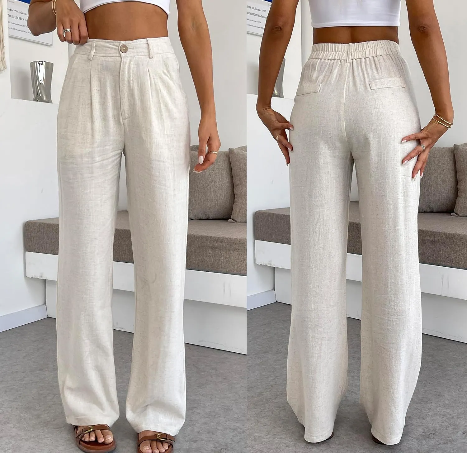 Yehopere Women's Linen Pants Summer Dressy Boho Wide Leg Flowy Straight Leg Trouser Beach Travel Vacation Outfits