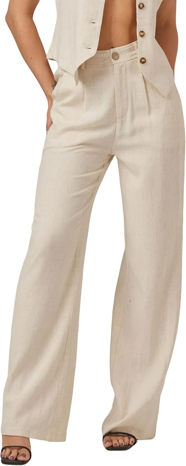 Yehopere Women's Linen Pants Summer Dressy Boho Wide Leg Flowy Straight Leg Trouser Beach Travel Vacation Outfits