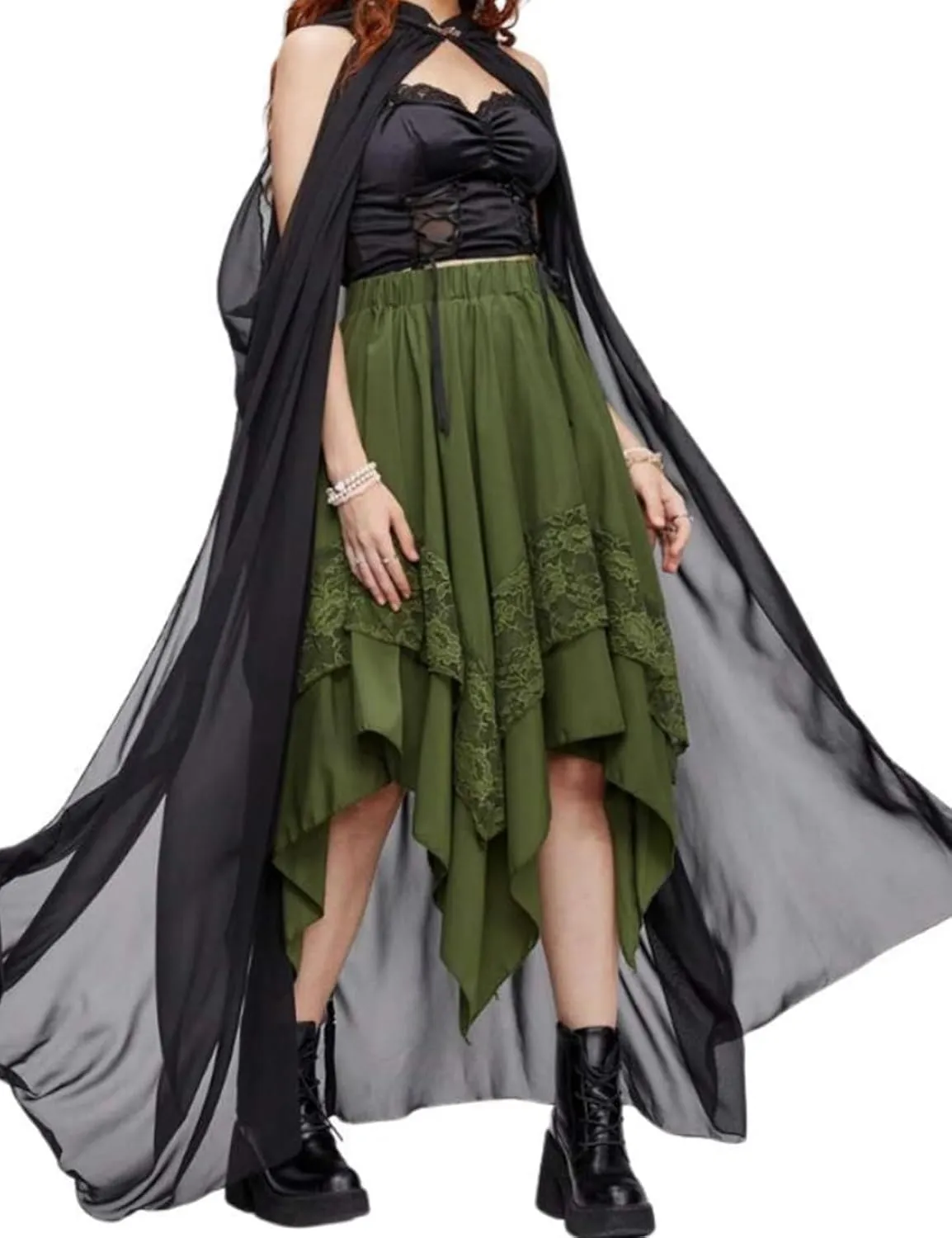 Yimoon Womens Renaissance Skirt Lace Tiered Asymmetrical Flowy Fairy Long Skirt High Waist Gothic Midi Skirts