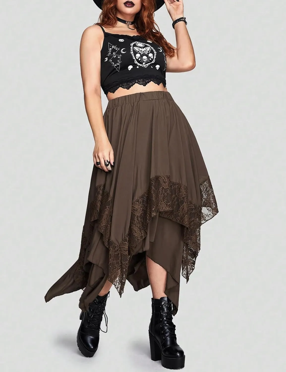 Yimoon Womens Renaissance Skirt Lace Tiered Asymmetrical Flowy Fairy Long Skirt High Waist Gothic Midi Skirts