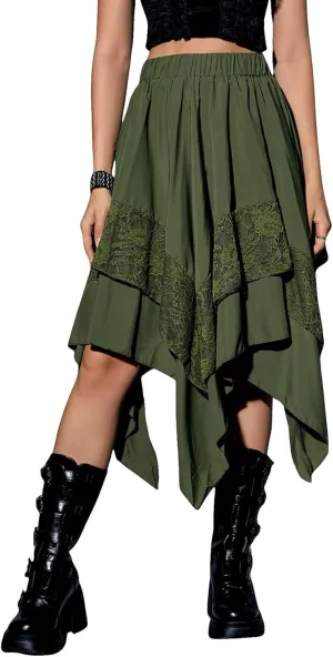 Yimoon Womens Renaissance Skirt Lace Tiered Asymmetrical Flowy Fairy Long Skirt High Waist Gothic Midi Skirts