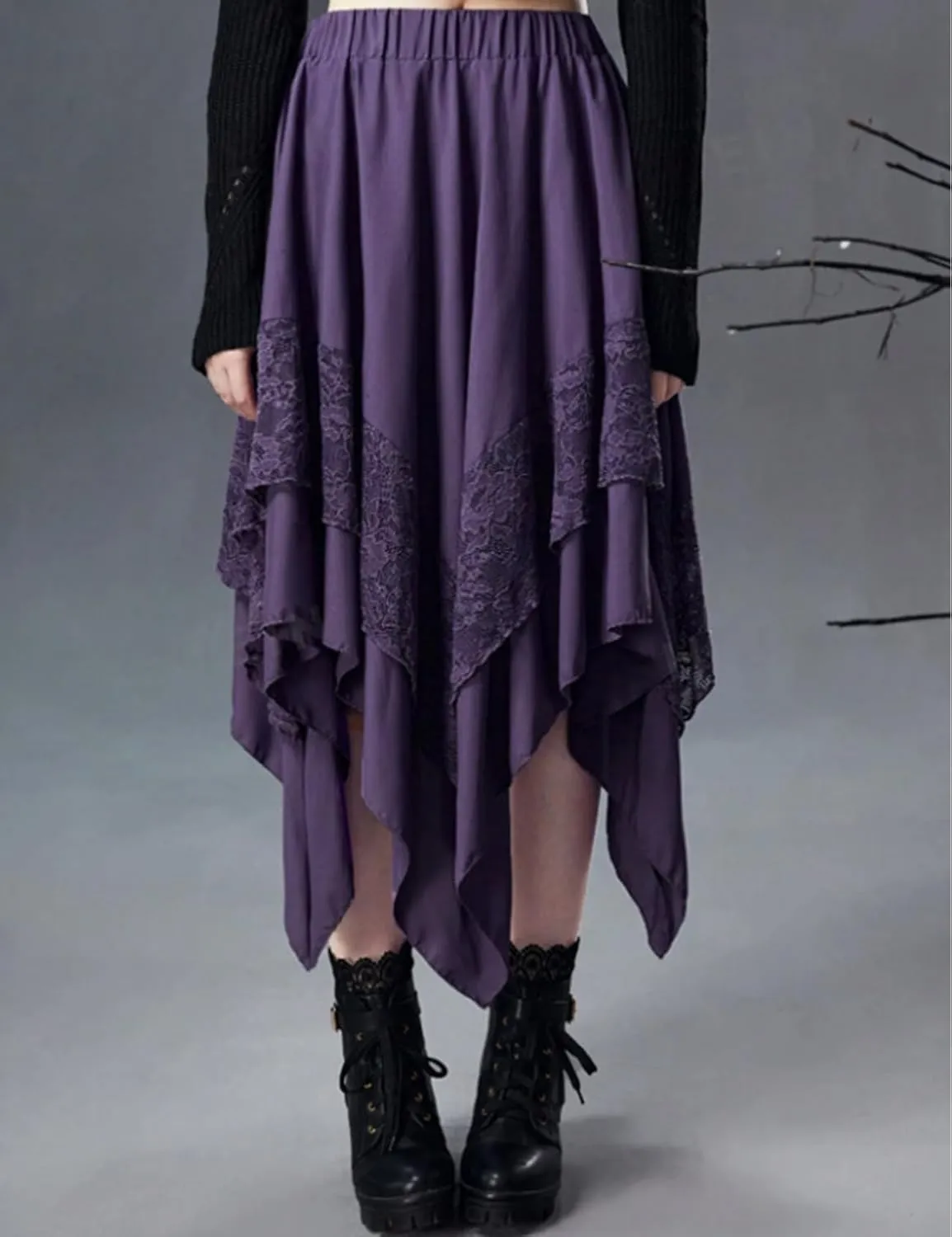 Yimoon Womens Renaissance Skirt Lace Tiered Asymmetrical Flowy Fairy Long Skirt High Waist Gothic Midi Skirts