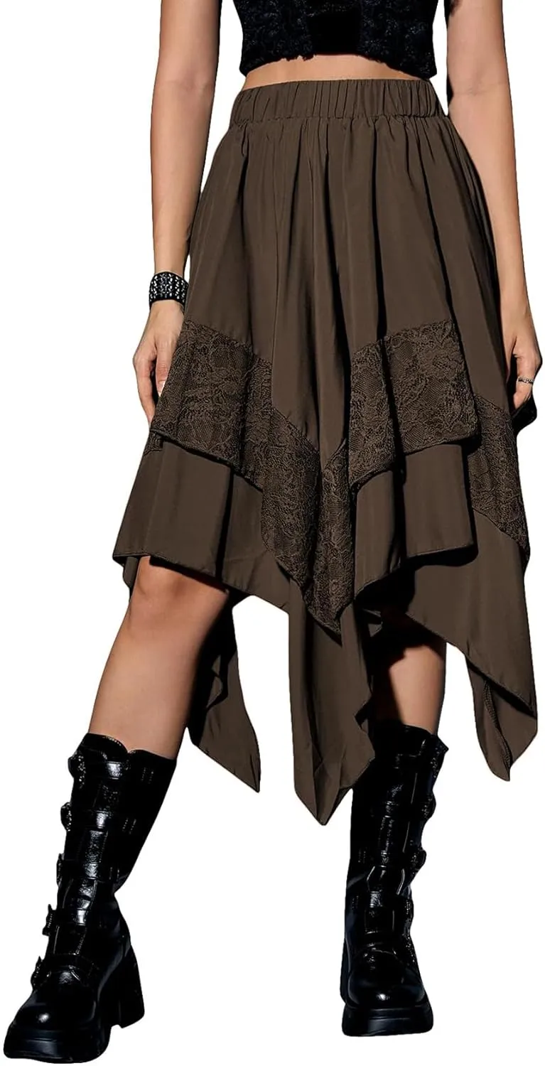 Yimoon Womens Renaissance Skirt Lace Tiered Asymmetrical Flowy Fairy Long Skirt High Waist Gothic Midi Skirts